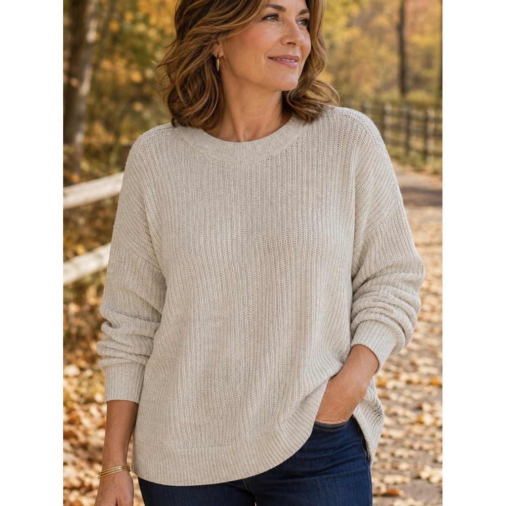 Loft Oatmeal Beige Ribbed Crew Neck Sweater XL New NWT Cozy Knit Pullover